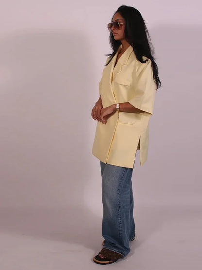 Fashion Lapel Suit Jacket Women Casual Loose Short Sleeve Office Lady Coat 2025 New Chic Autumn Single Button Oversize Jacket