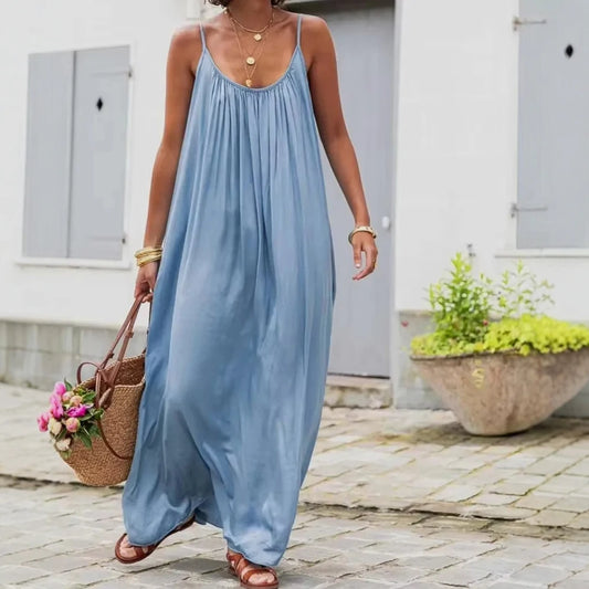 Mia Muse Dresses Spring Summer Basics Daily Folds Plain Sleeveless Scoop Neck Maxi Cami Vacation Dresses For Women