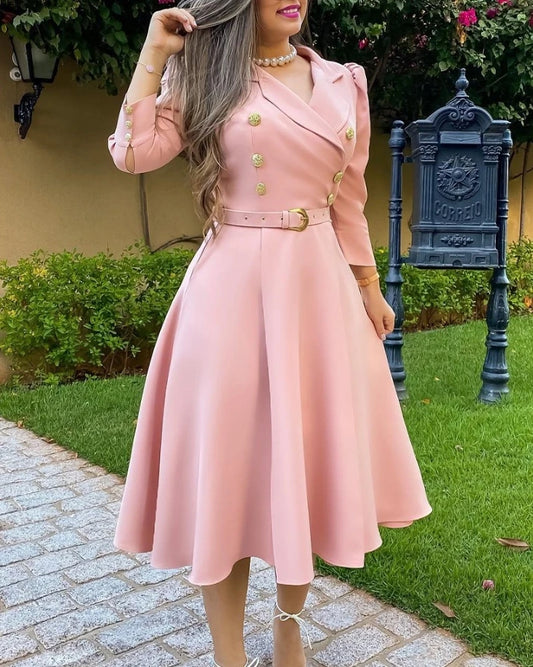 Women's temperament British style long sleeved dress 2025 autumn new item slit collar button pocket puff sleeve dress
