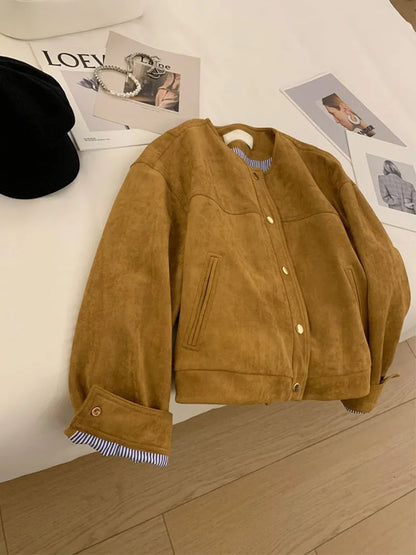 Suede Short Jacket Women Korean Camel Fashion Long Sleeve Flight Suit Harajuku Single Breasted Loose Tops Female Vintage Coats