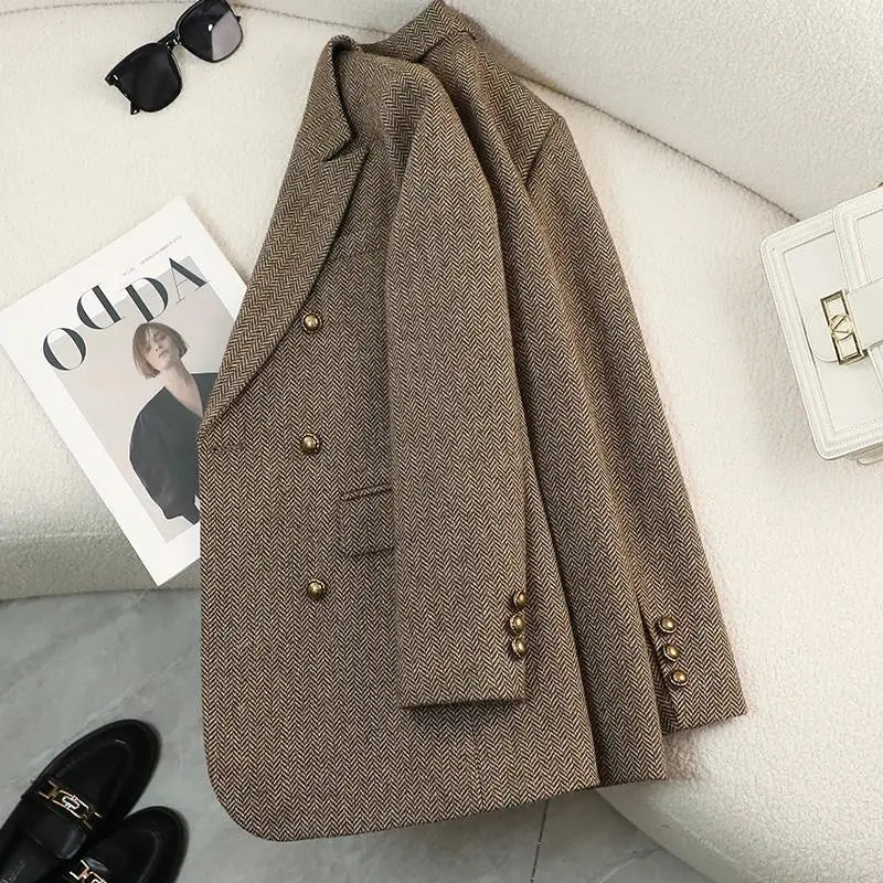 Women's Autumn Winter Long Sleeve Blazer Coats Vintage Thick Woolen Jackets Notched Elegant Outerwears Female Clothes