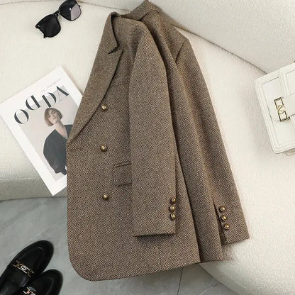 Women's Autumn Winter Long Sleeve Blazer Coats Vintage Thick Woolen Jackets Notched Elegant Outerwears Female Clothes