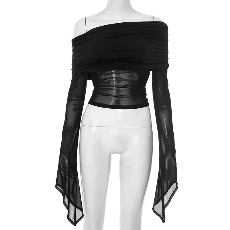 Off Shoulder Autumn Female's T-Shirt Solid Color Asymmetric Slash Neck Patchwork Women's Top Sexy Long Sleeve T-Shirt For Lady