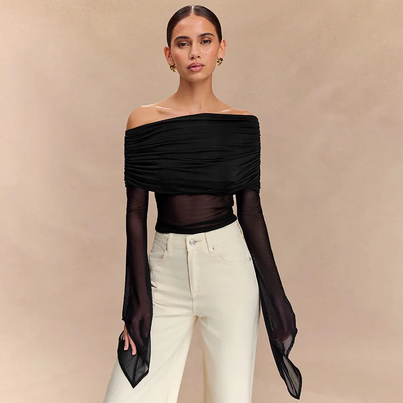 Off Shoulder Autumn Female's T-Shirt Solid Color Asymmetric Slash Neck Patchwork Women's Top Sexy Long Sleeve T-Shirt For Lady