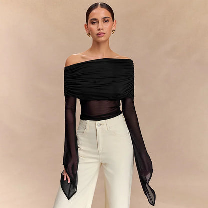 Off Shoulder Autumn Female's T-Shirt Solid Color Asymmetric Slash Neck Patchwork Women's Top Sexy Long Sleeve T-Shirt For Lady