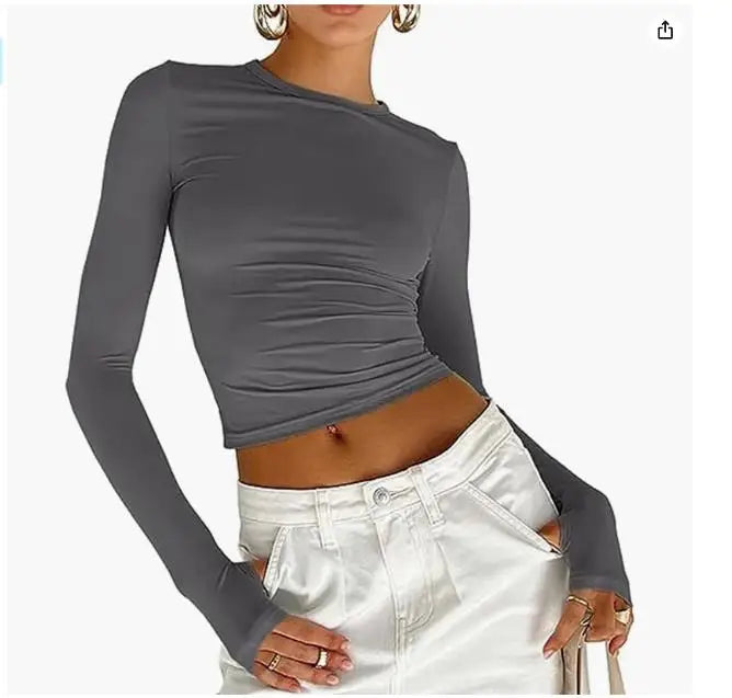 Fashion Women T-shirt Long Sleeve Crew Neck Solid Slim Fit Ladies Crop Top with Thumb Holes for Daily Streetwear Summer Camis