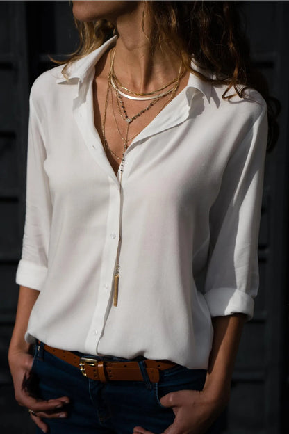 Women Shirt Spring Summer Casual Long Sleeve Button Solid Color Blouses And Tops 2023 Office Ladies Shirts White Top S-5XL