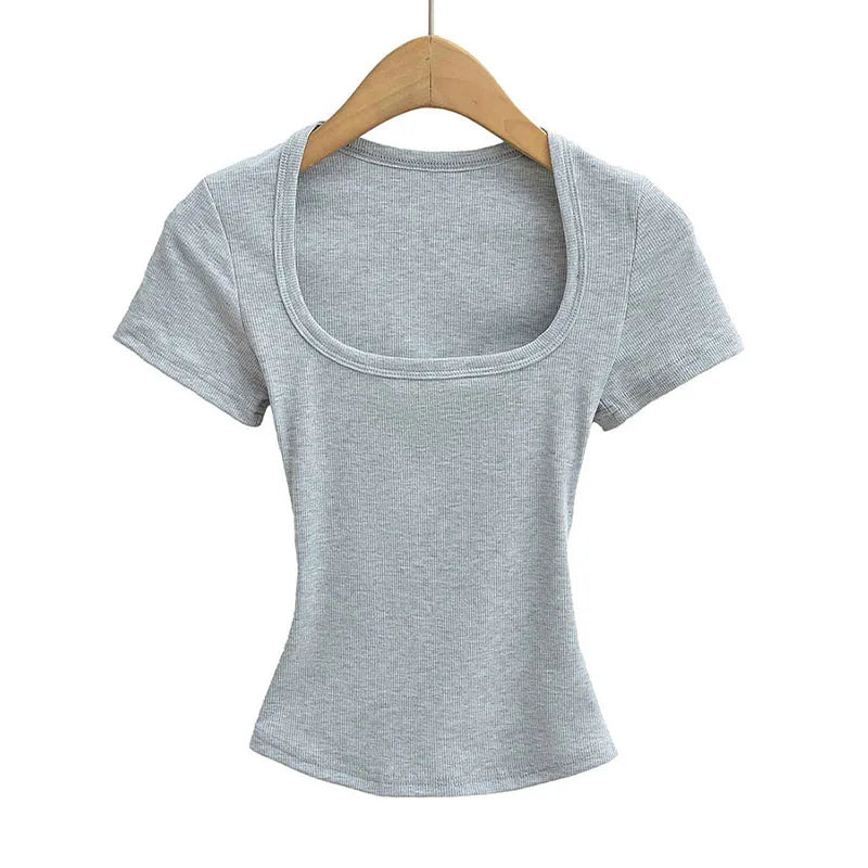 Summer square neck high elasticity crop top women's short sleeved sexy top slim fit pullover base shirt