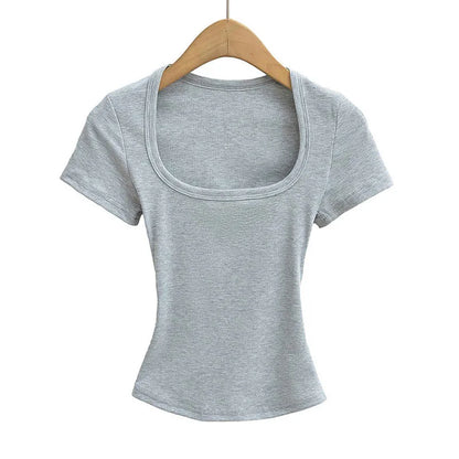 Summer square neck high elasticity crop top women's short sleeved sexy top slim fit pullover base shirt