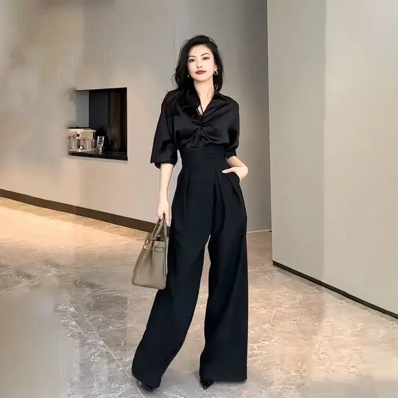 2024 Black Design Wide-Leg Pants Women's Slimming Suit Pant Magic High Waist Loose Straight Drooping Mopping Casual Trousers