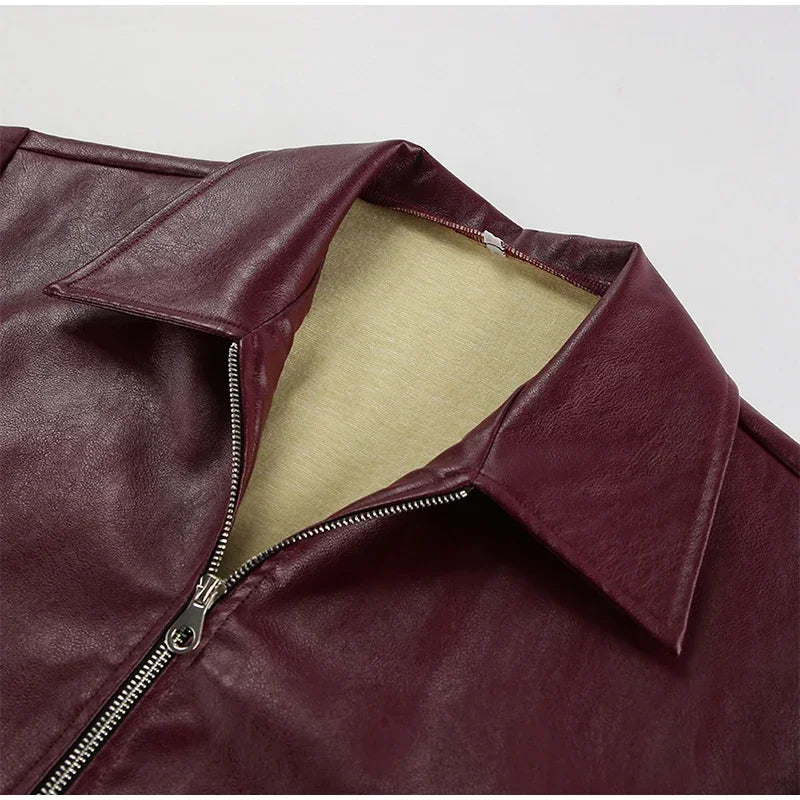 Zekye Spring Summer Women Jackets Fashion Lapel Zipper Long Sleeve Female Coats Lady Street Outwear Burgundy Leather Jacket