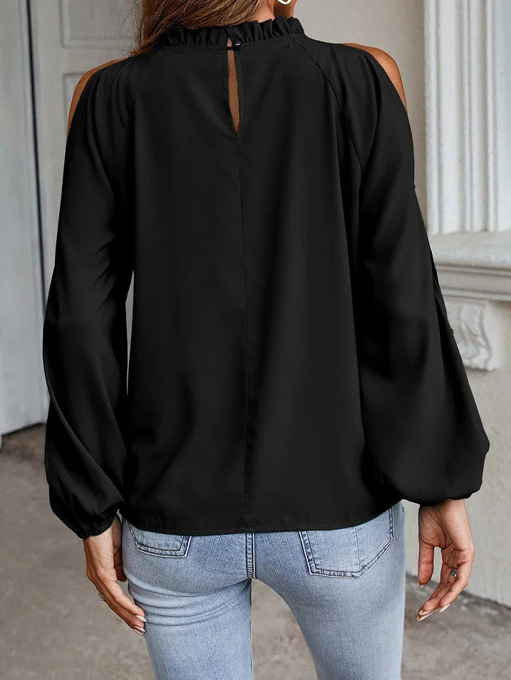 Fashion lotus leaf pleat semi high neck off shoulder hollowed out long sleeved top spring autumn women's elegant temperament top