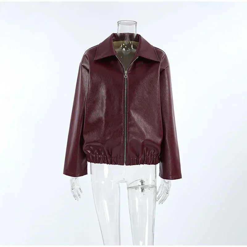 Zekye Spring Summer Women Jackets Fashion Lapel Zipper Long Sleeve Female Coats Lady Street Outwear Burgundy Leather Jacket