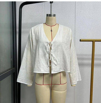 ALOBEE Loose Lace Up Bow Shirt Women Elegant V Neck Long Flare Sleeve Lady 2024 New Spring Summer Simple High Street Female Tops