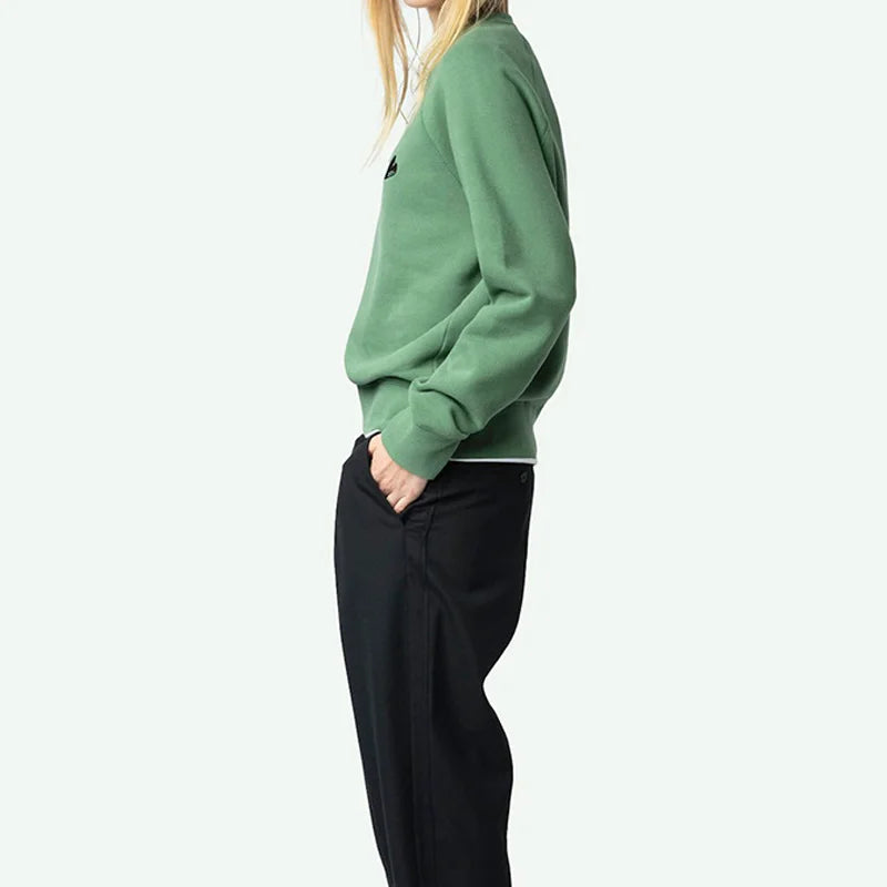 Green Sweatshirt Women Crew Neck Cotton Sweatshirt Long Sleeve Tops Female Casual Love Embroidery Pullovers 2025 New Pullover