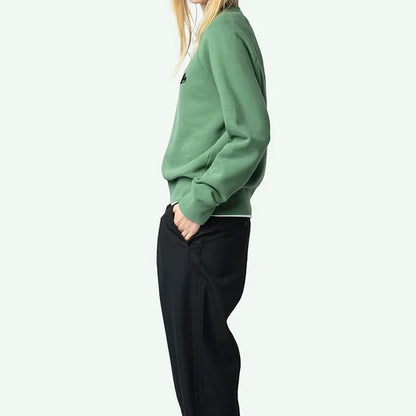 Green Sweatshirt Women Crew Neck Cotton Sweatshirt Long Sleeve Tops Female Casual Love Embroidery Pullovers 2025 New Pullover