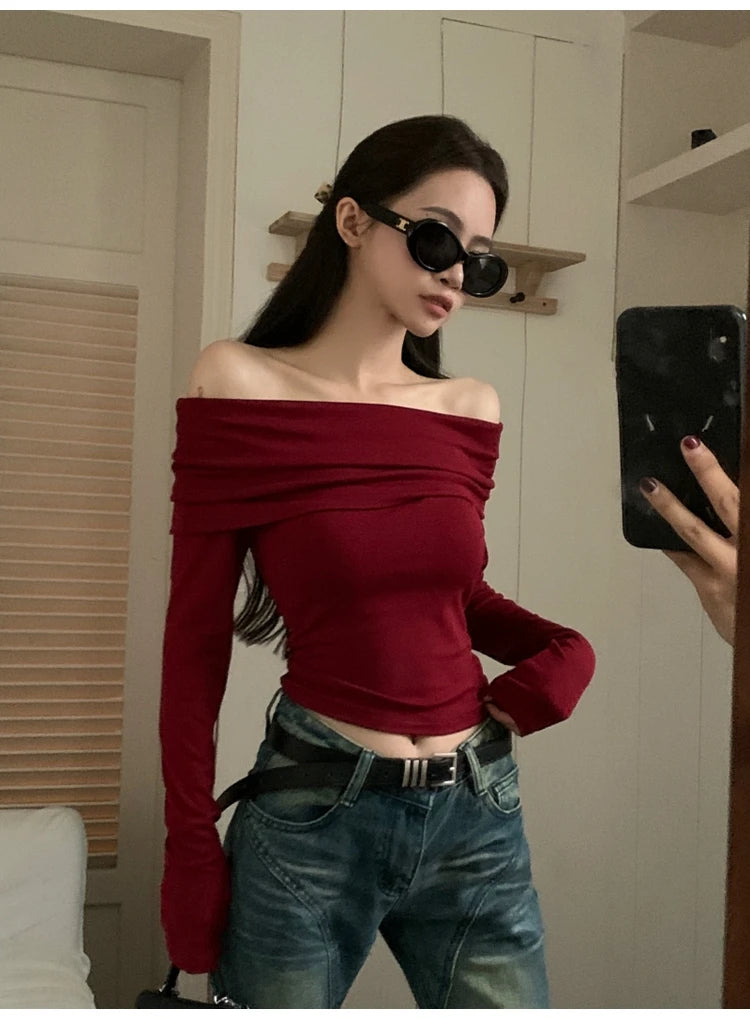 Sexy Tops Off Shoulder Long Sleeve Crop Top Women's Autumn/Winter 2024 New Spicy Girl Slim Fit Short Red T-shirt