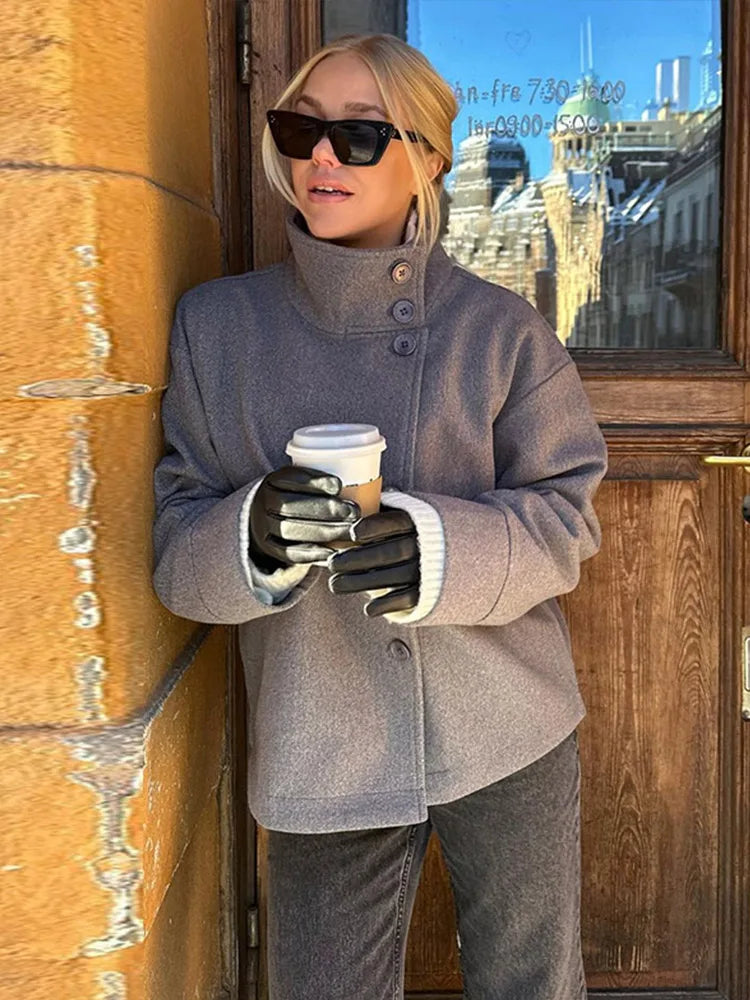 Stand Collar Women Winter Woolen Coats Single Breasted Loose Female Long Sleeve Jacket  Autumn Office Lady Street Short Coat