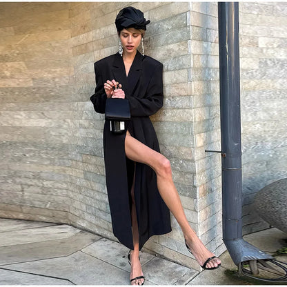Street Fur Long Women's Jacket Long Sleeve Shoulder Pad Lapel Femal Coat 2025 Autumn Fashion Solid Double Buckle Lady Outwears
