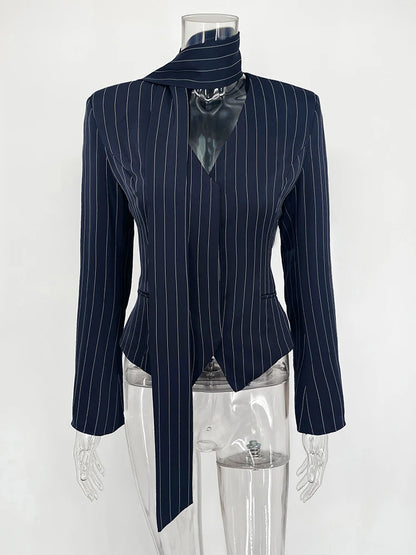 TARUXY Striped Print V-neck Ribbon Suit Coat For Women Long Sleeve Buttons Office Lady Top Elegant Female New Blazer Outwear
