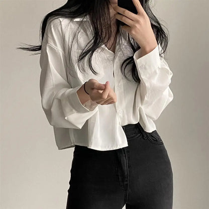 Simple Single Breasted Loose Casual Solid Long Sleeved Shirt And Blouse Office Lady Trend Short Top Simple Elegant White Clothes