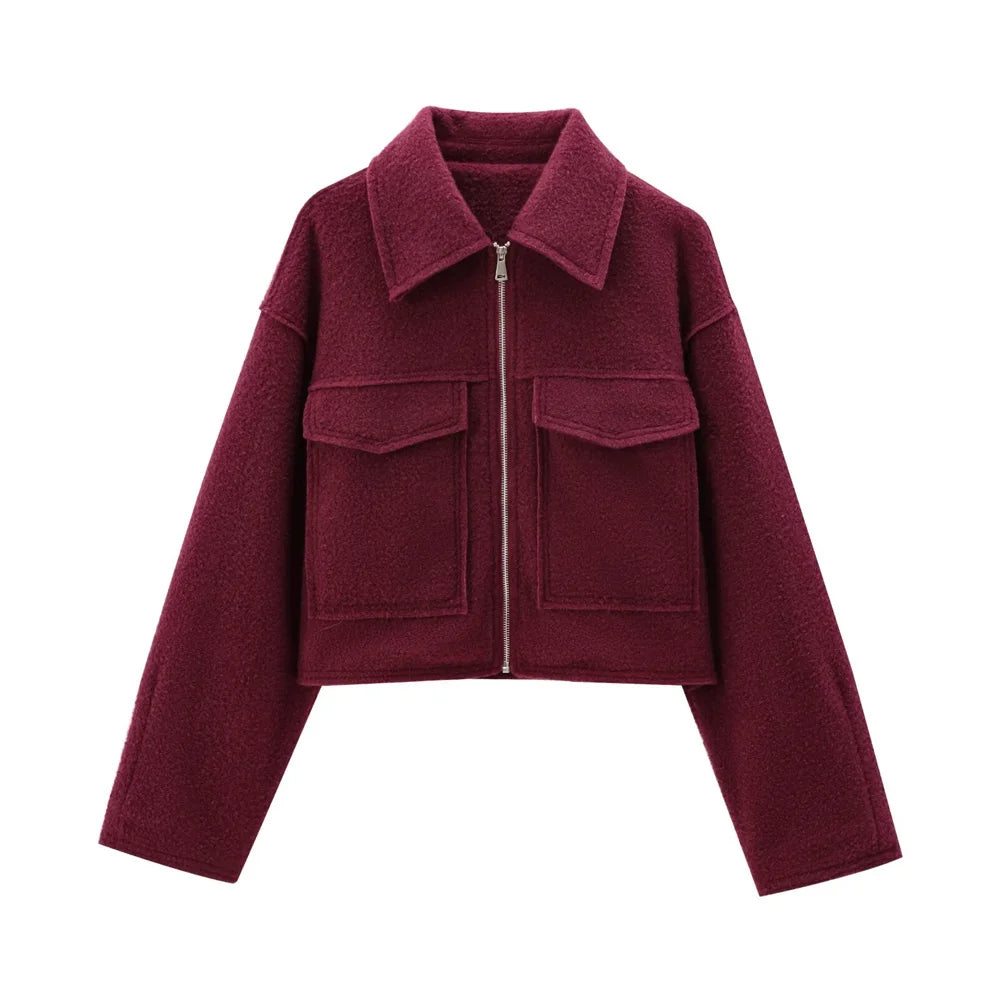 TRZA Women Fashion Patch Pockets With Flaps Cropped Jacket Coat Vintage Long Sleeve Front Zipper Female Outerwear Chic Tops