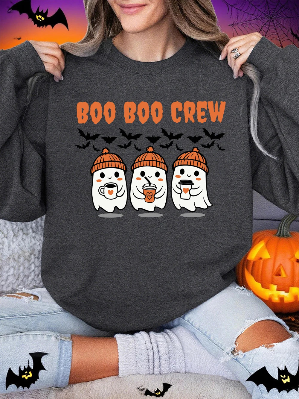 Boo Boo Crew Ghost Prints Halloween Sweatshirt Women Winter Fleece Warm Hoodies Crewneck Loose Pullovers Casual Soft Clothes