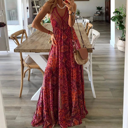 Plus-size Europe and the United States cross-border  new slip long skirt high-waisted V-neck printed floral dress