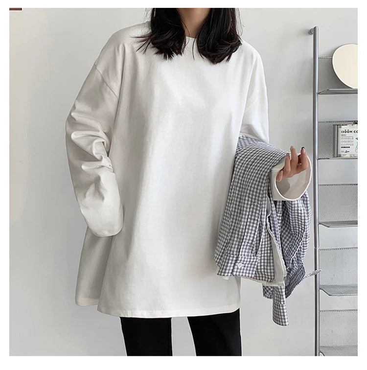 Cotton Spring New Long sleeve T-Shirt Women Basic Tee Shirt Oversize T Shirt Women Casual O-neck Women Tshirt US size