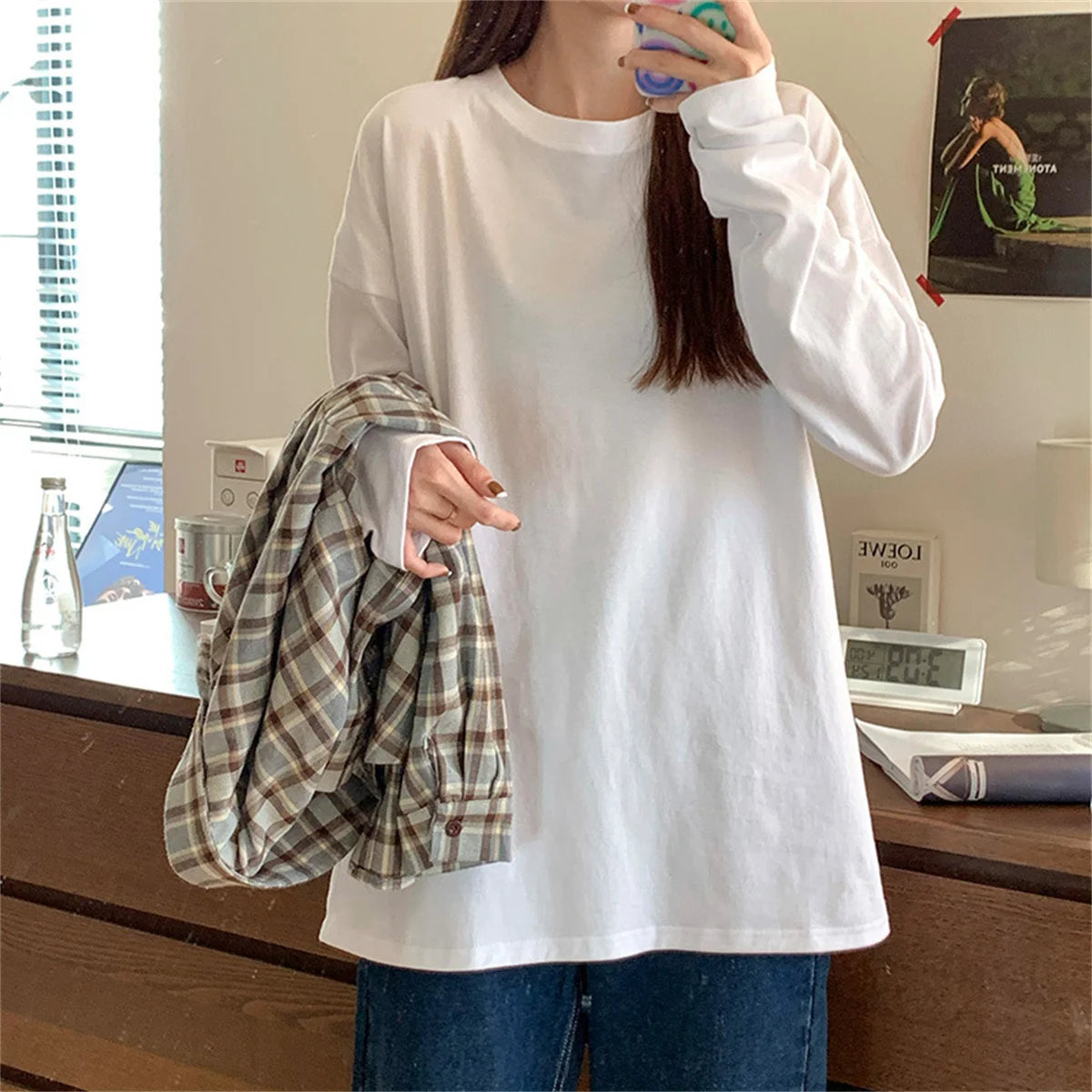 Fashion Autumn Long sleeve T-Shirt Women Basic Tee Shirt Oversize T Shirt Women Casual O-neck Women Tshirt Black White