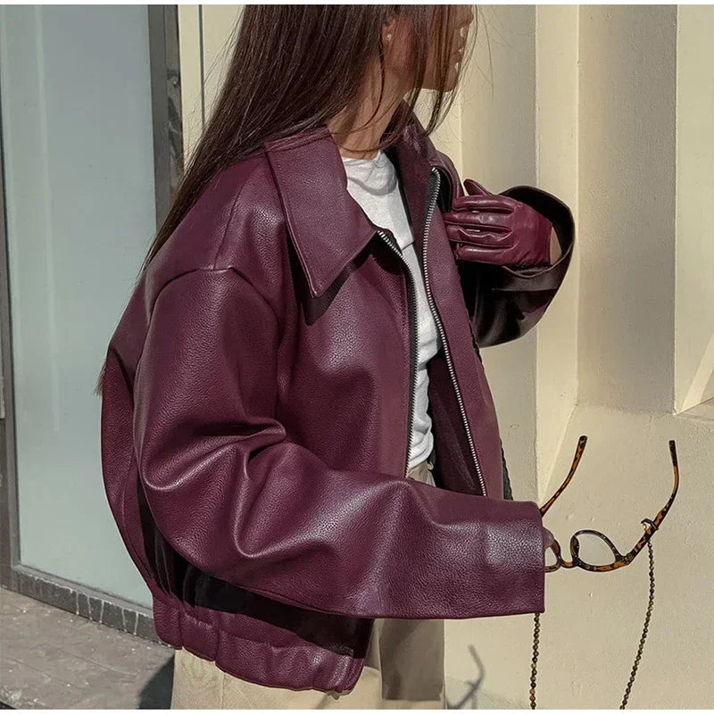 Zekye Spring Summer Women Jackets Fashion Lapel Zipper Long Sleeve Female Coats Lady Street Outwear Burgundy Leather Jacket