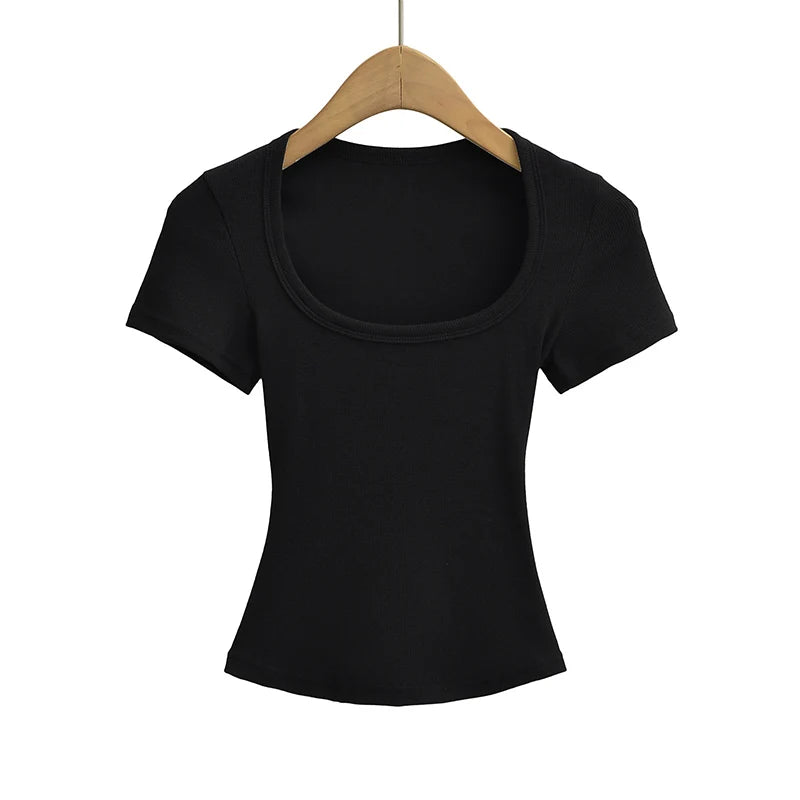 Summer square neck high elasticity crop top women's short sleeved sexy top slim fit pullover base shirt