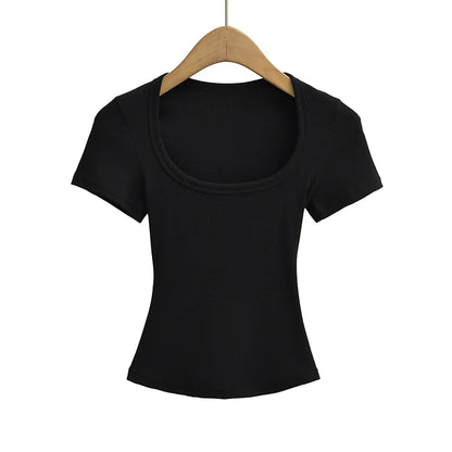 Summer square neck high elasticity crop top women's short sleeved sexy top slim fit pullover base shirt