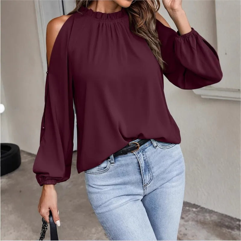 Fashion lotus leaf pleat semi high neck off shoulder hollowed out long sleeved top spring autumn women's elegant temperament top