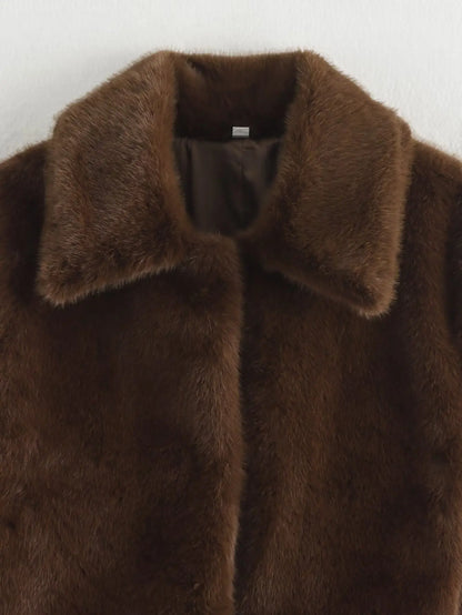 TRAFZA Vintage Women's New Faux Fur Coat Solid Lapel Long Sleeve Pockets 2025 Winter Female Jackets Streetwear Woman Outwear