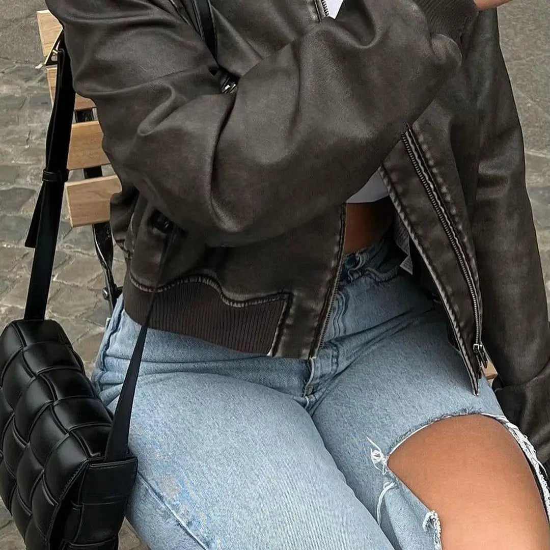 RARF Women Washed Leather Loose Jacket Vintage Stand Collar Gradient Zipper Short Coat Spring Lady Locomotive Style Chic Coat
