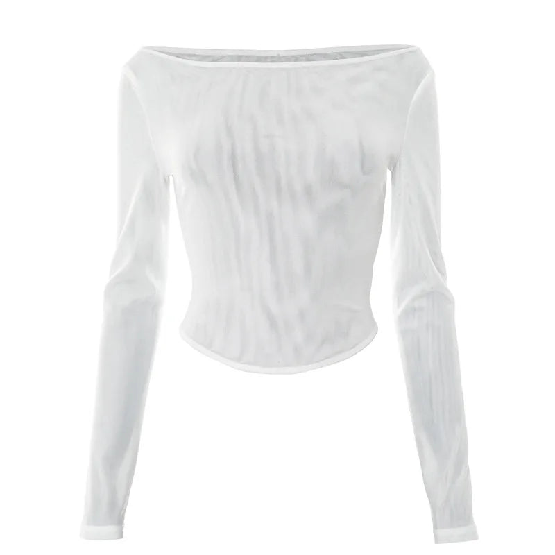 Female's Autumn T-Shirt Sheer Mesh Off-Shoulder Curved Hem Pullover Long Sleeve Women's Top Comfortable Clothing For Lady