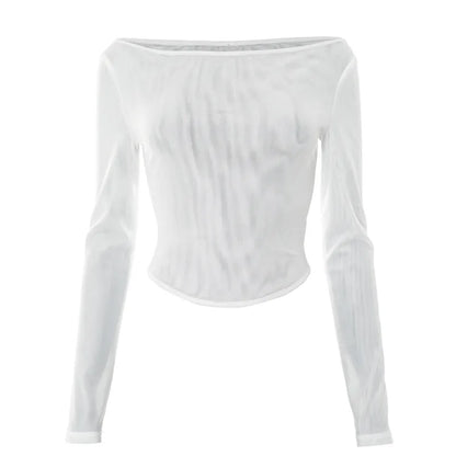 Female's Autumn T-Shirt Sheer Mesh Off-Shoulder Curved Hem Pullover Long Sleeve Women's Top Comfortable Clothing For Lady