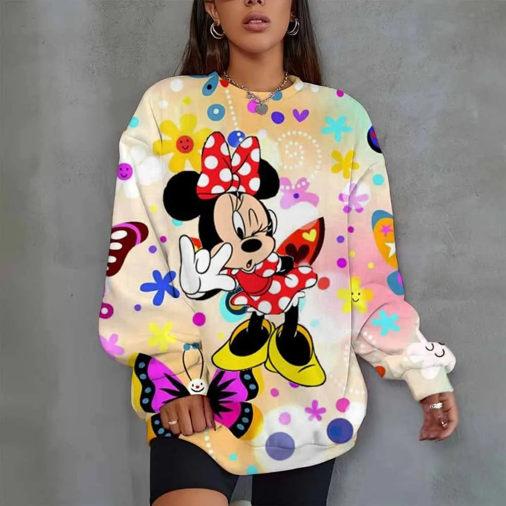 Disney Mickey Mouse Heart Print Crew Neck T shirt Casual Long Autumn winter top women's long sleeved T-shirt loose comfortable
