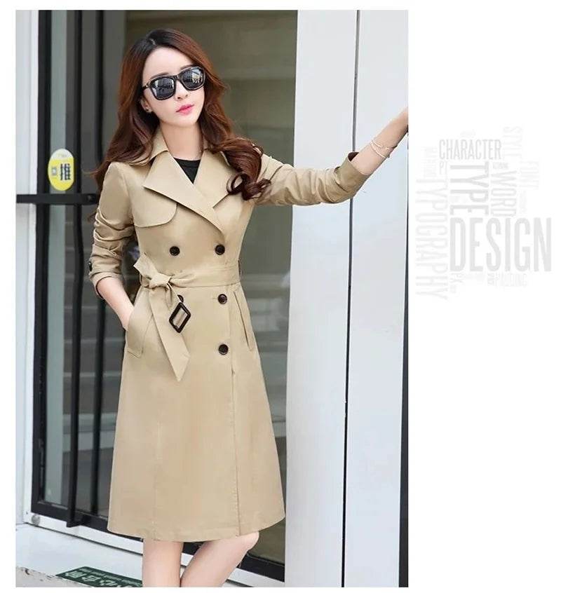 Windbreaker Women's Long British 2023 Spring And Autumn New Coat Korean Double Breasted Ladies Knee-High Coat Lace-Up Trench