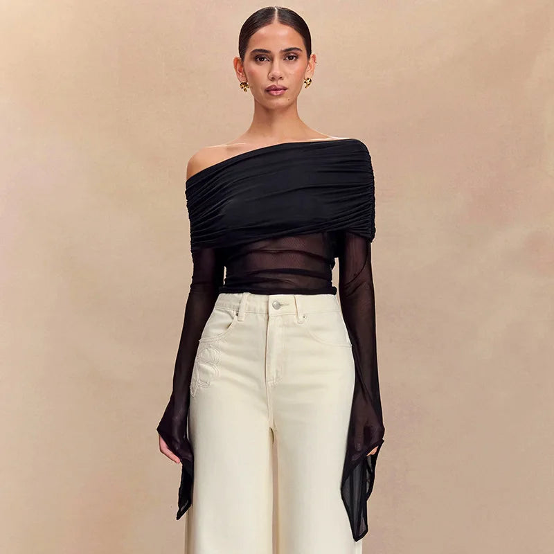 Off Shoulder Autumn Female's T-Shirt Solid Color Asymmetric Slash Neck Patchwork Women's Top Sexy Long Sleeve T-Shirt For Lady