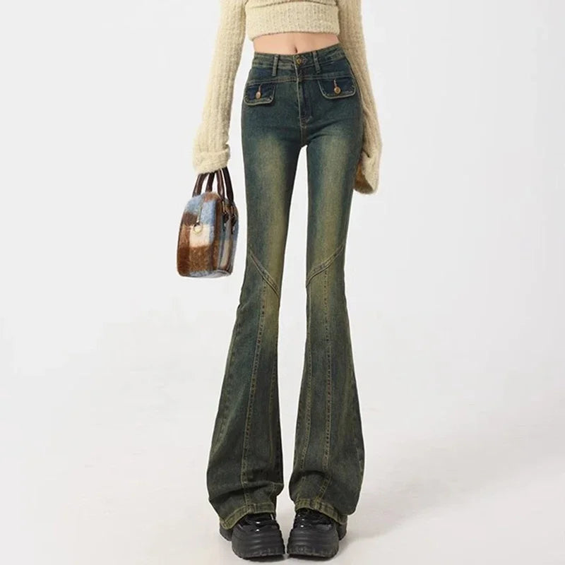 Woman High Waist Elastic Spliced Wide Leg Jeans Female Vintage Slim Fit Flare Pants Lady Blue Black Grey Denim Trousers Big Size