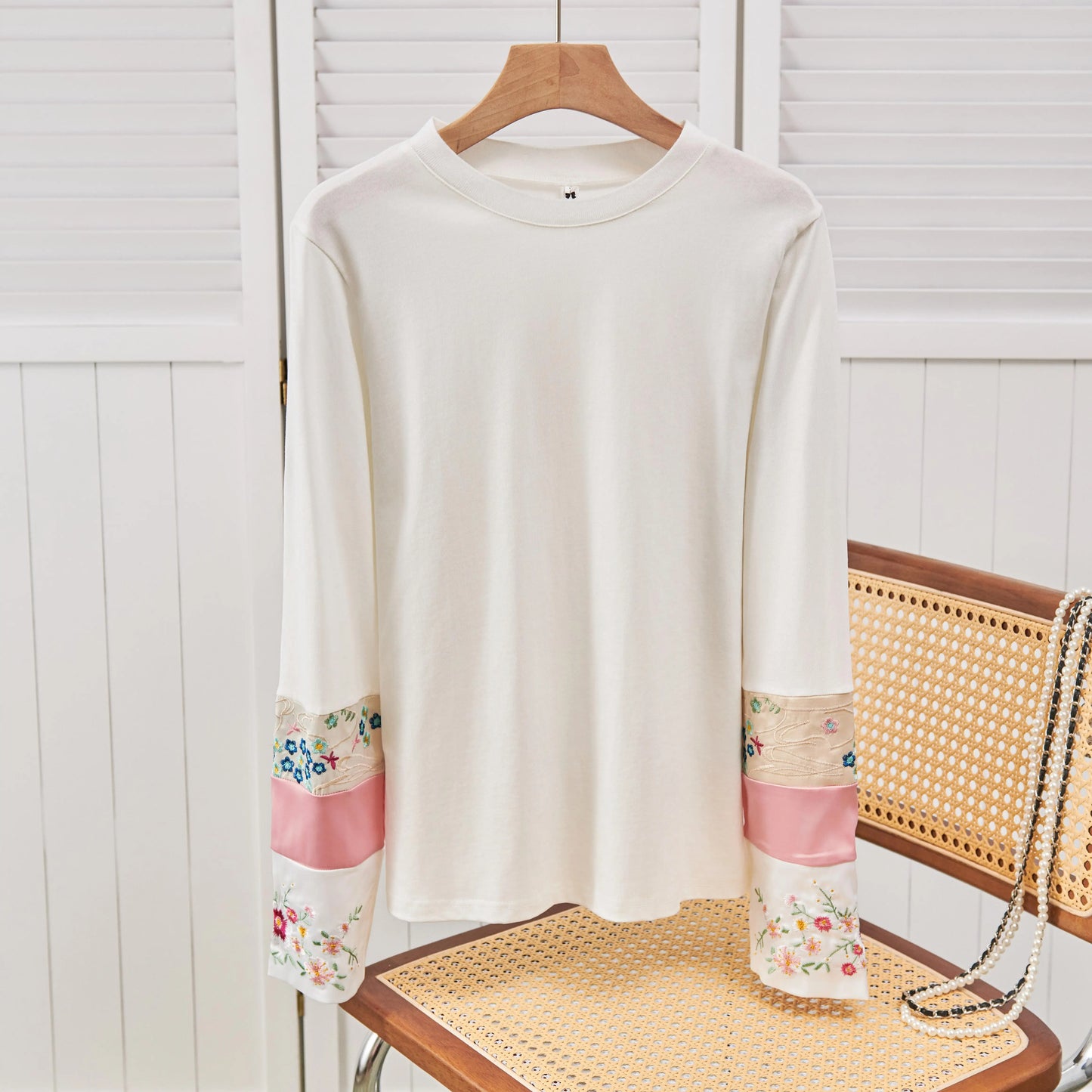 Vintage Chinese Style Women's Clothing Top Long Sleeve Jacquard Embroidery Crew Neck Panelled Long Sleeves Loose T-Shirts