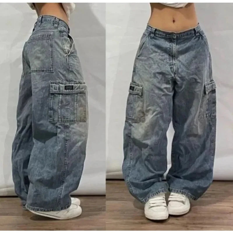 Harajuku Vintage Hip-hop Pop Letters Embroidered Washed Baggy Jeans Ladies Y2K Gothic Fashion Casual High Waist Wide Leg Pants
