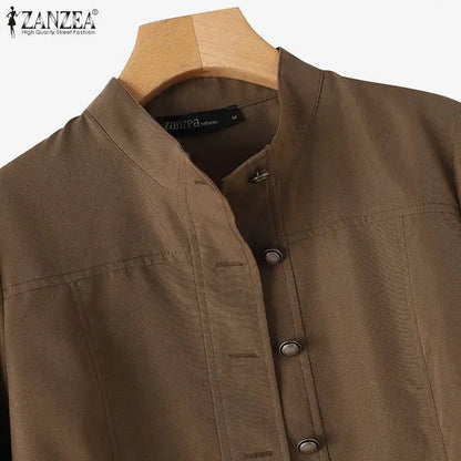 ZANZEA Fashion OL Jackets Woman Long Sleeve Stand Collar Outerwear Autumn Vintage Party Work Wear Female Elegant Button UP Coats