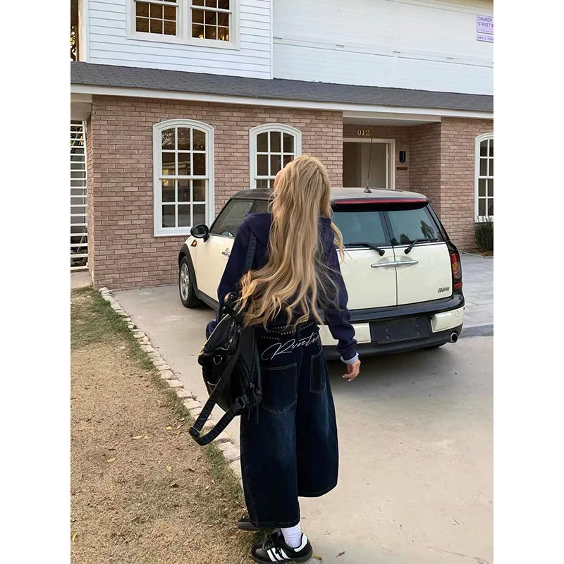 Blue Women's Retro Y2K 2000s Wide Leg Baggy Casual Denim Trouser High Waist Loose Jeans 2024 Autumn Harajuku Full Length Pants