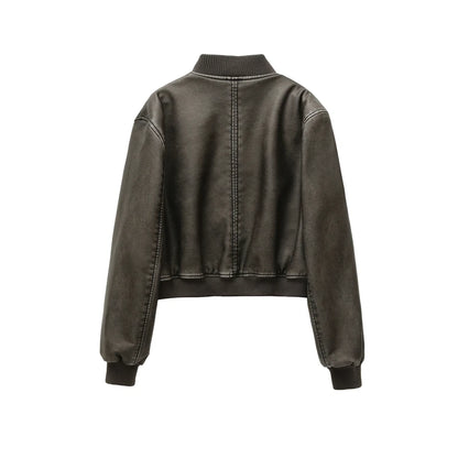 RARF Women Washed Leather Loose Jacket Vintage Stand Collar Gradient Zipper Short Coat Spring Lady Locomotive Style Chic Coat