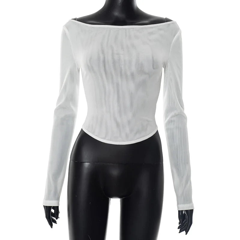Female's Autumn T-Shirt Sheer Mesh Off-Shoulder Curved Hem Pullover Long Sleeve Women's Top Comfortable Clothing For Lady