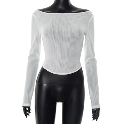 Female's Autumn T-Shirt Sheer Mesh Off-Shoulder Curved Hem Pullover Long Sleeve Women's Top Comfortable Clothing For Lady