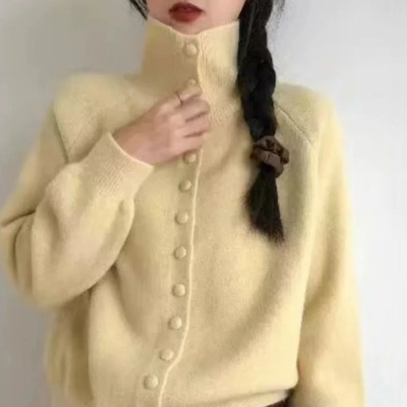 2025 New Soft High Neck Button Down Womens Cardigan Sweater Korean Style Ins Fashion Winter Fall Cozy Knit